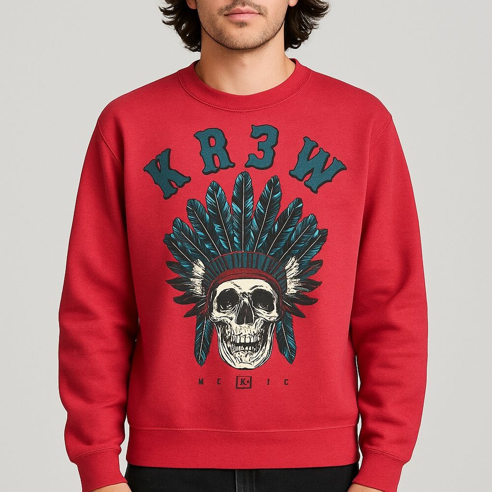 Y2K Krew KR3W Native American‎ Skull Graphic Red Sweatshirt Retro Skater Sz S/M